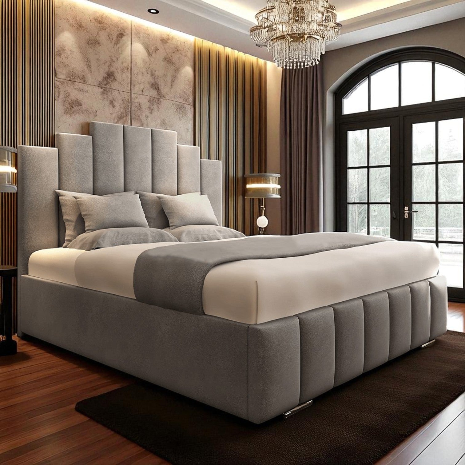 Luxe Charcoal Gray Velvet Stepped‑Panel Upholstered Bed Frame with Tall Headboard