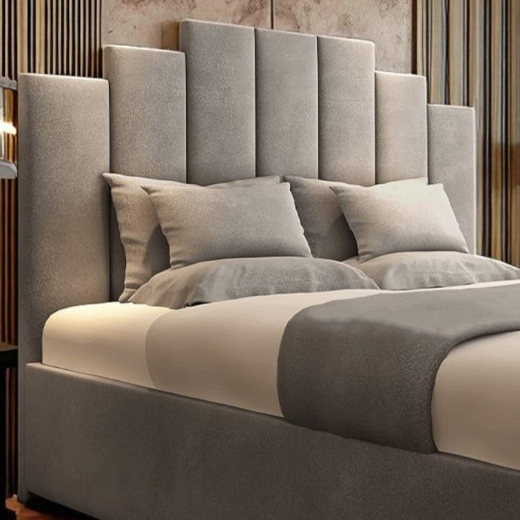 Luxe Charcoal Gray Velvet Stepped‑Panel Upholstered Bed Frame with Tall Headboard
