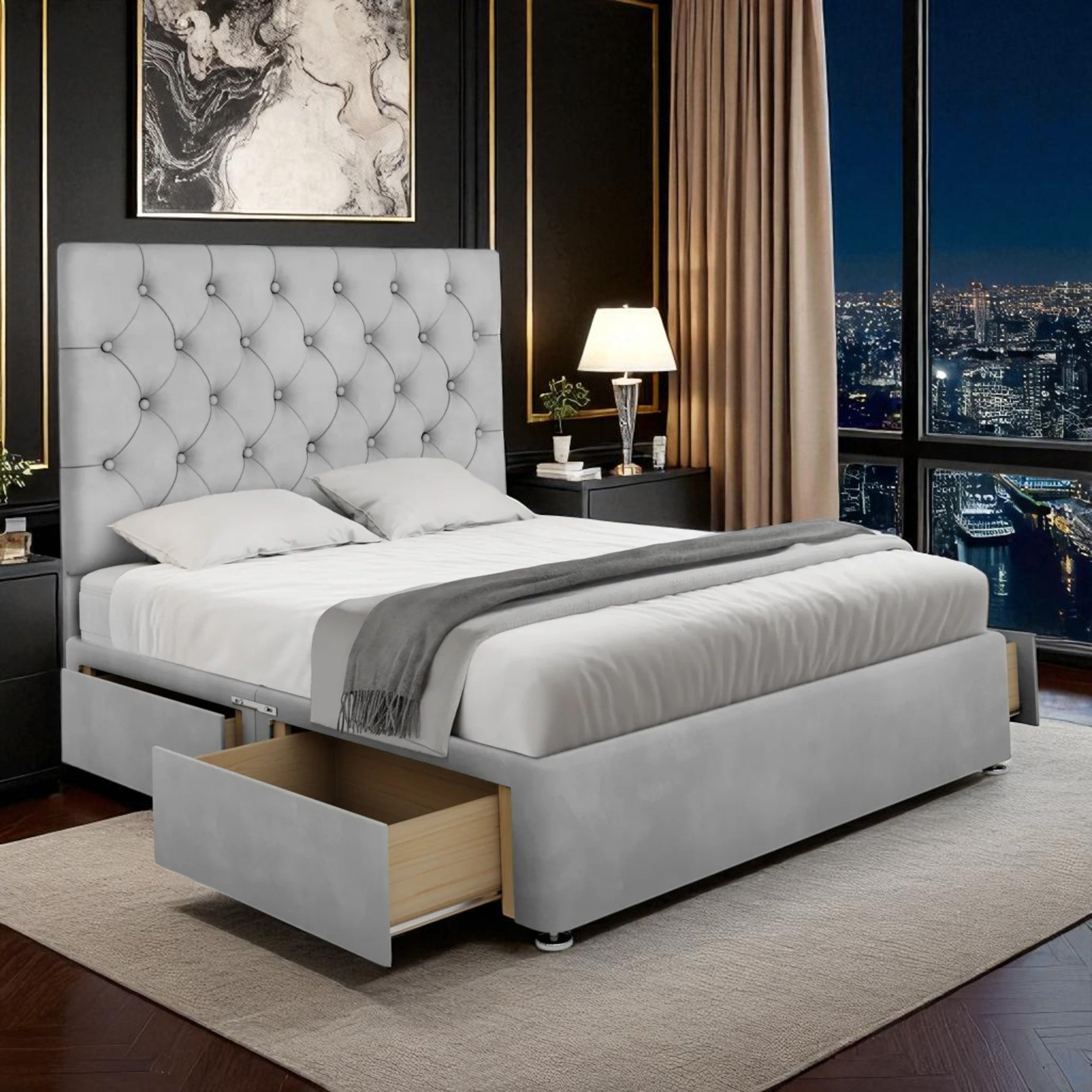 Grey Velvet Storage Divan Bed with Tufted Headboard