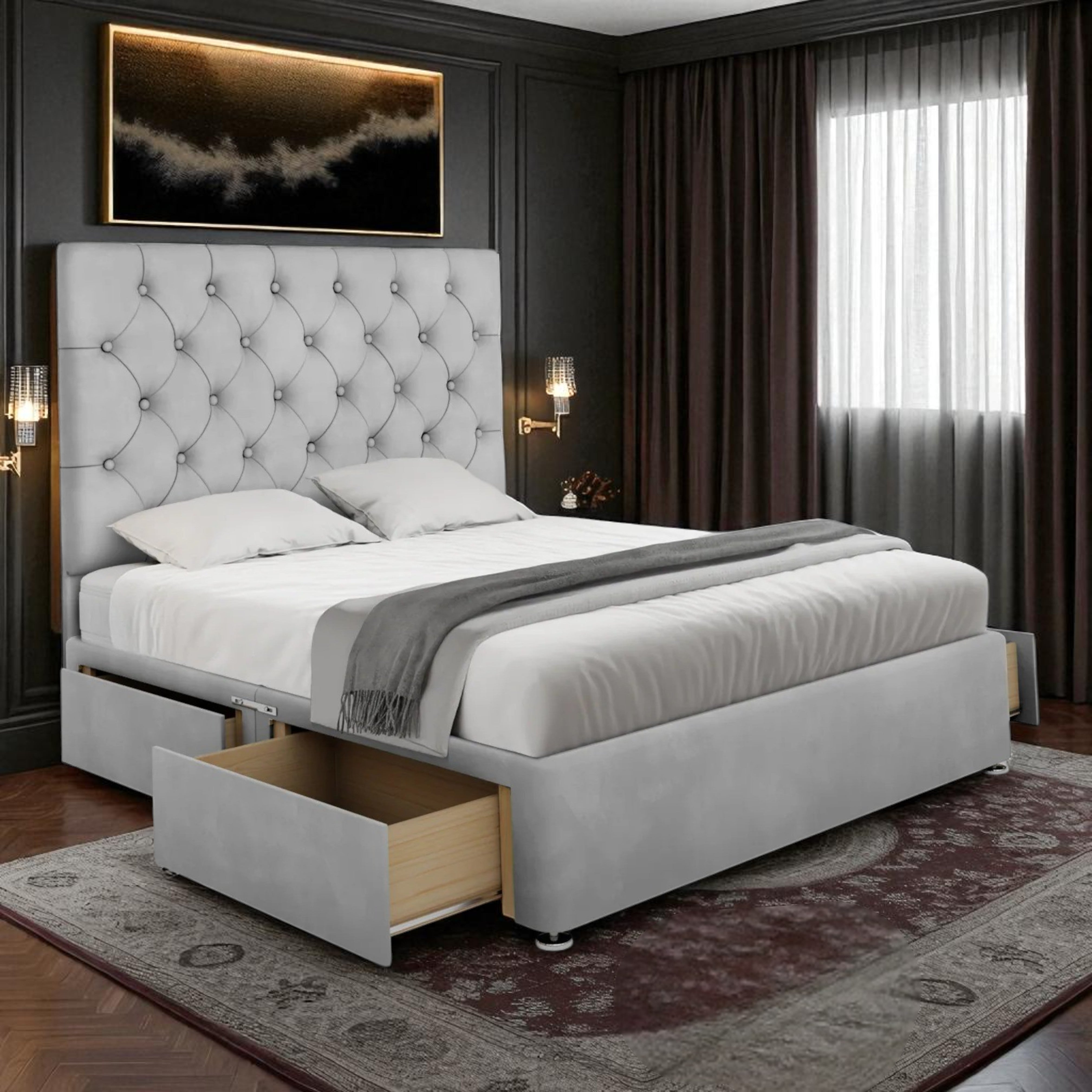 Grey Velvet Storage Divan Bed with Tufted Headboard