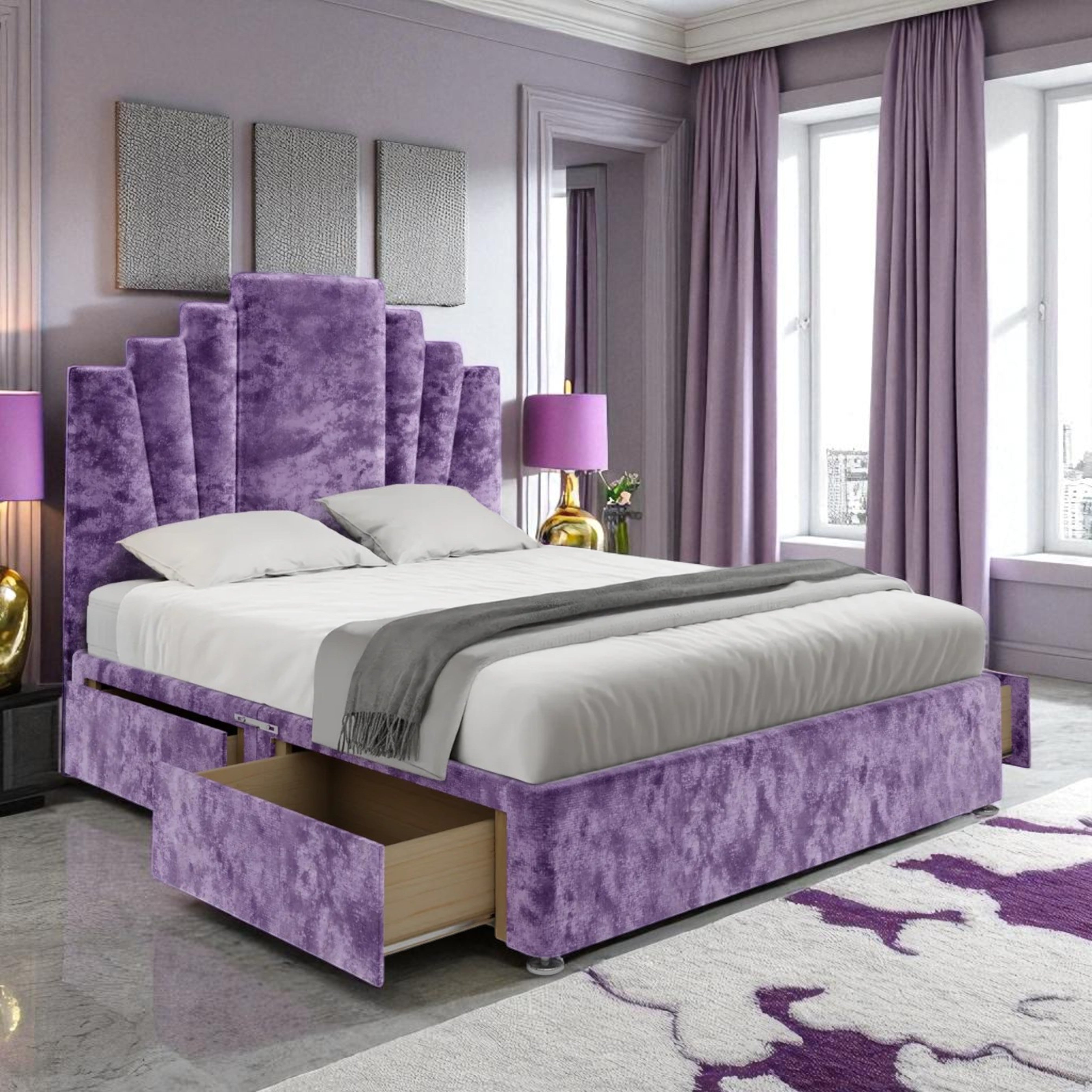 Luxury Purple Velvet Divan Bed with Storage Drawers