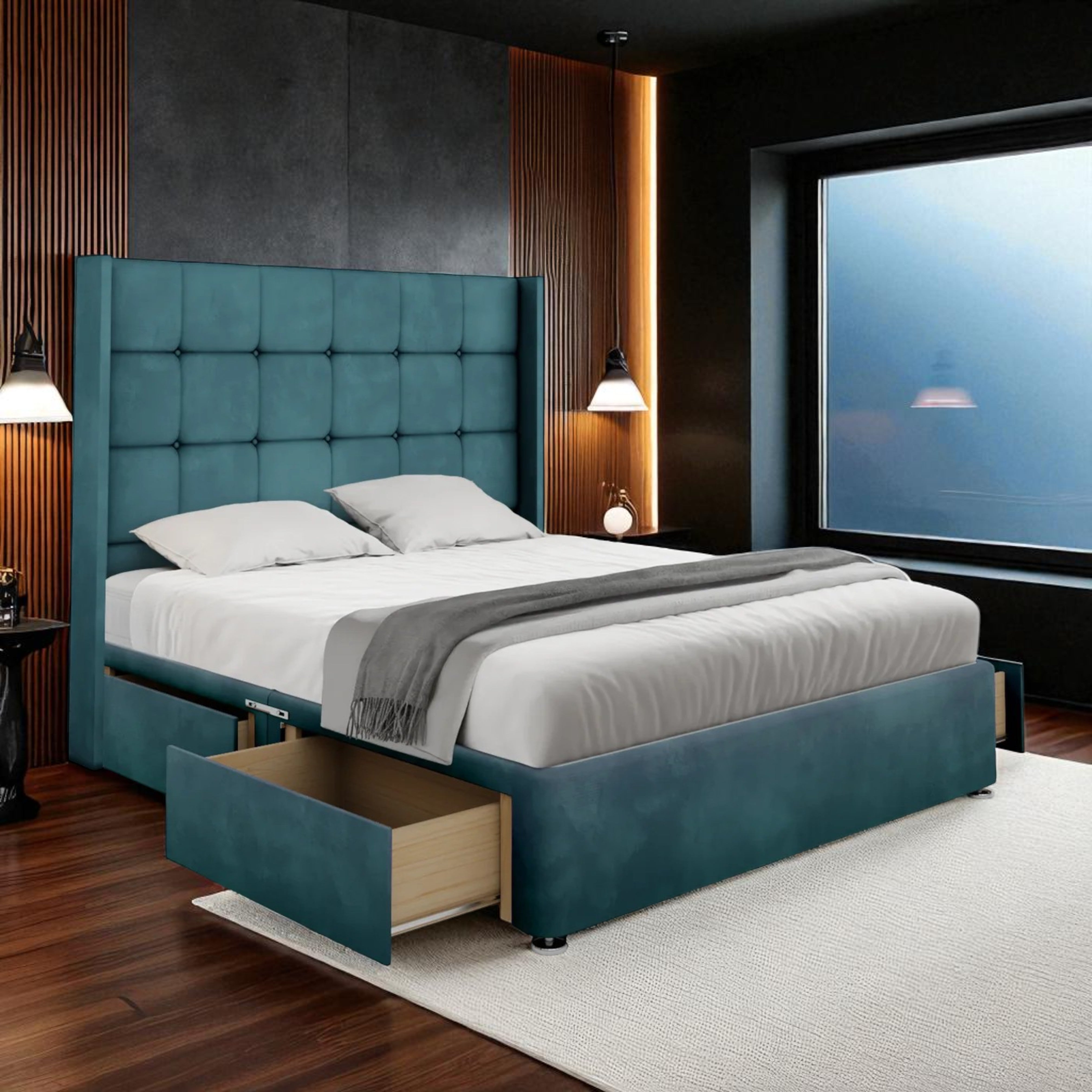 Luxury Tufted Wingback Divan Bed with Storage Drawers