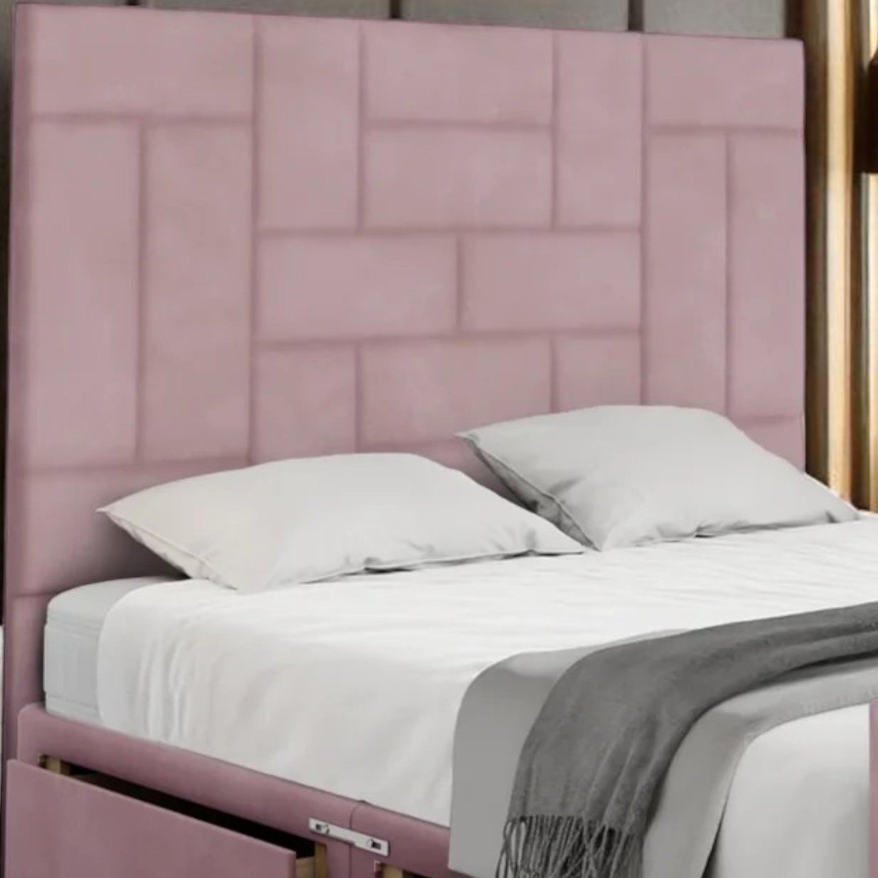 Modern Mauve Divan Bed with Side Storage Drawers and Padded Geometric Panels