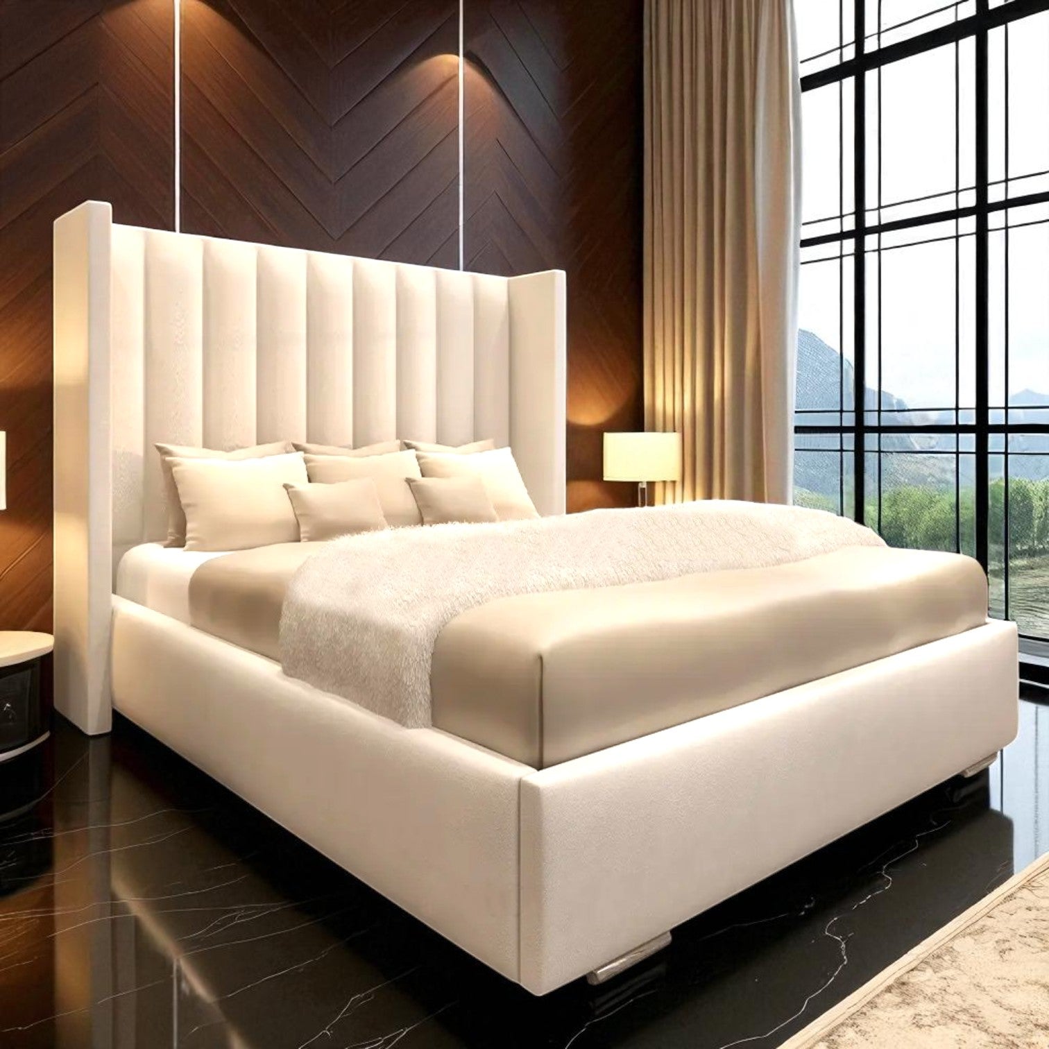 Luxe Ivory Velvet Wingback Channel‑Tufted Upholstered Bed Frame with Tall Headboard