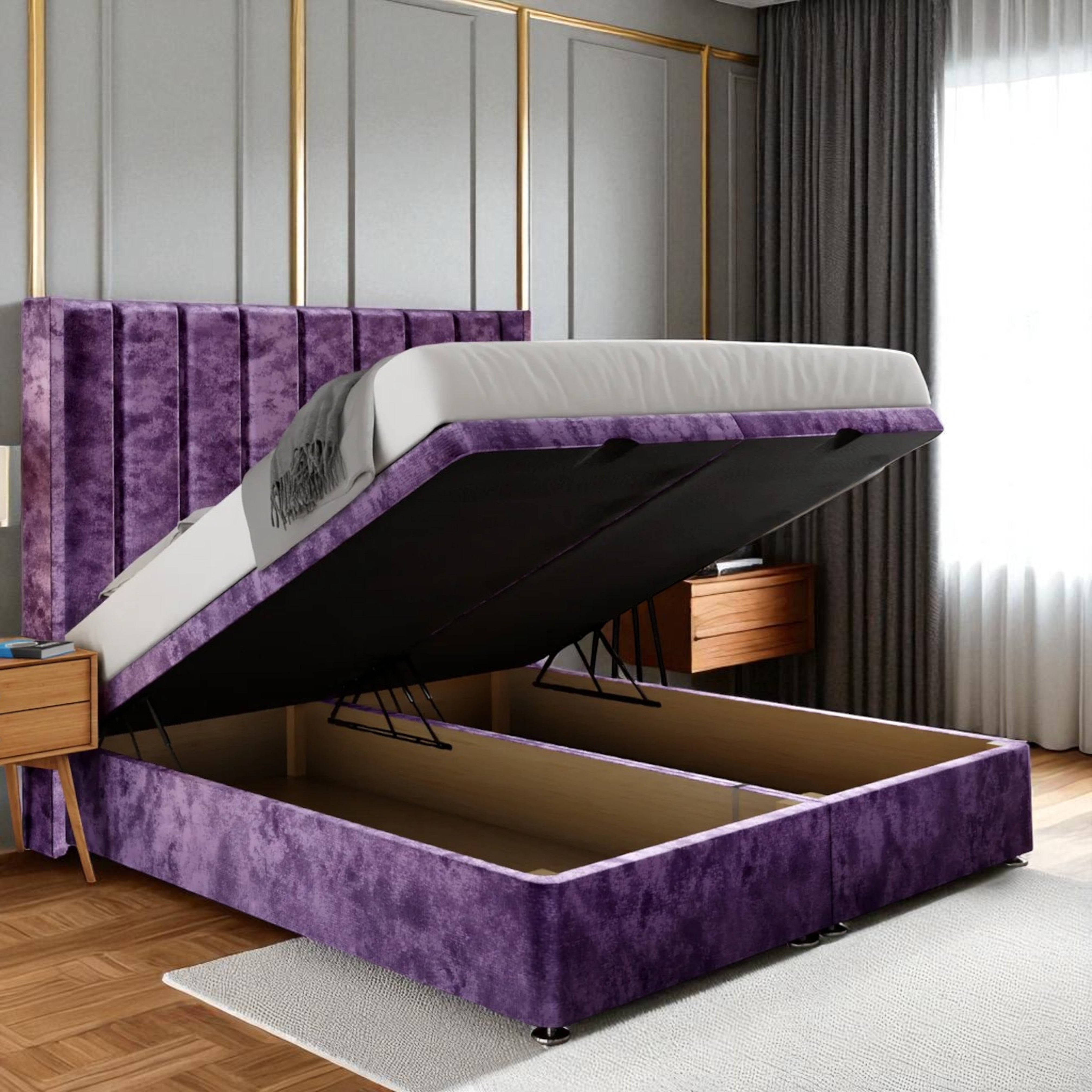 Premium Velvet Ottoman Bed – Lift‑Up Storage with Tall Headboard