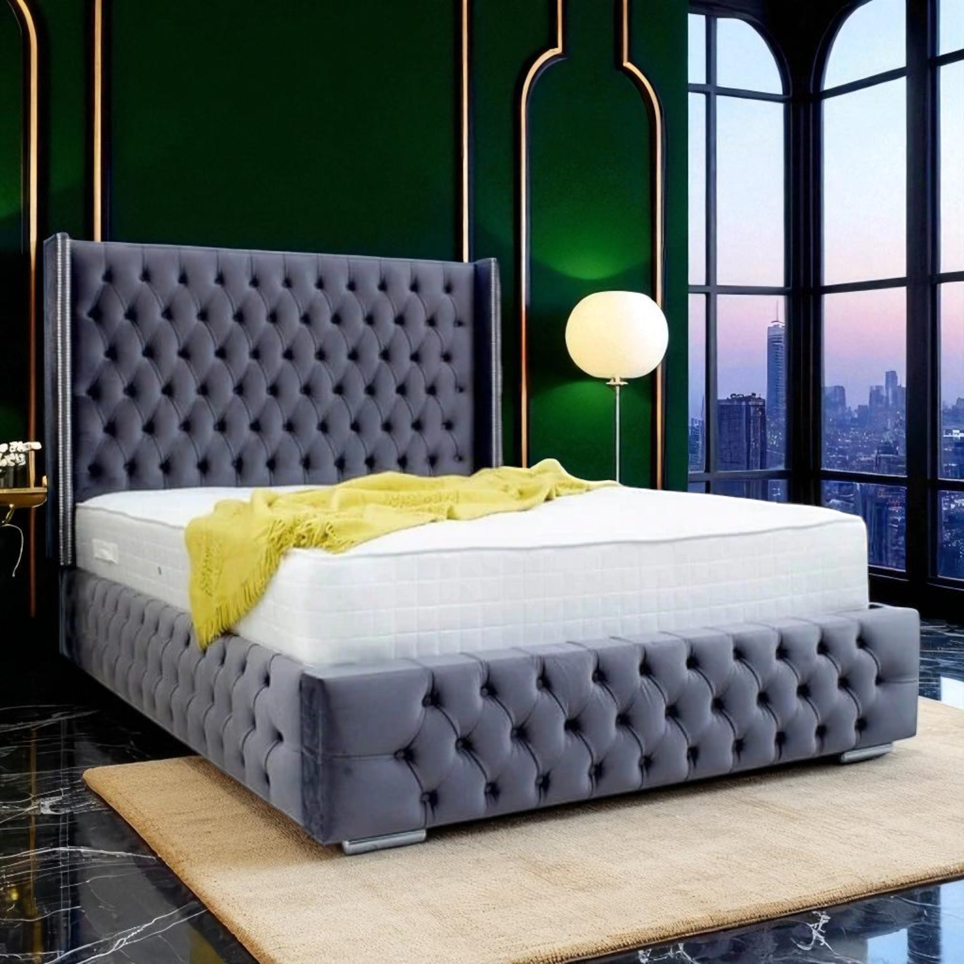 Palais Royale Wingback Diamond-Tufted Velvet Bed Frame