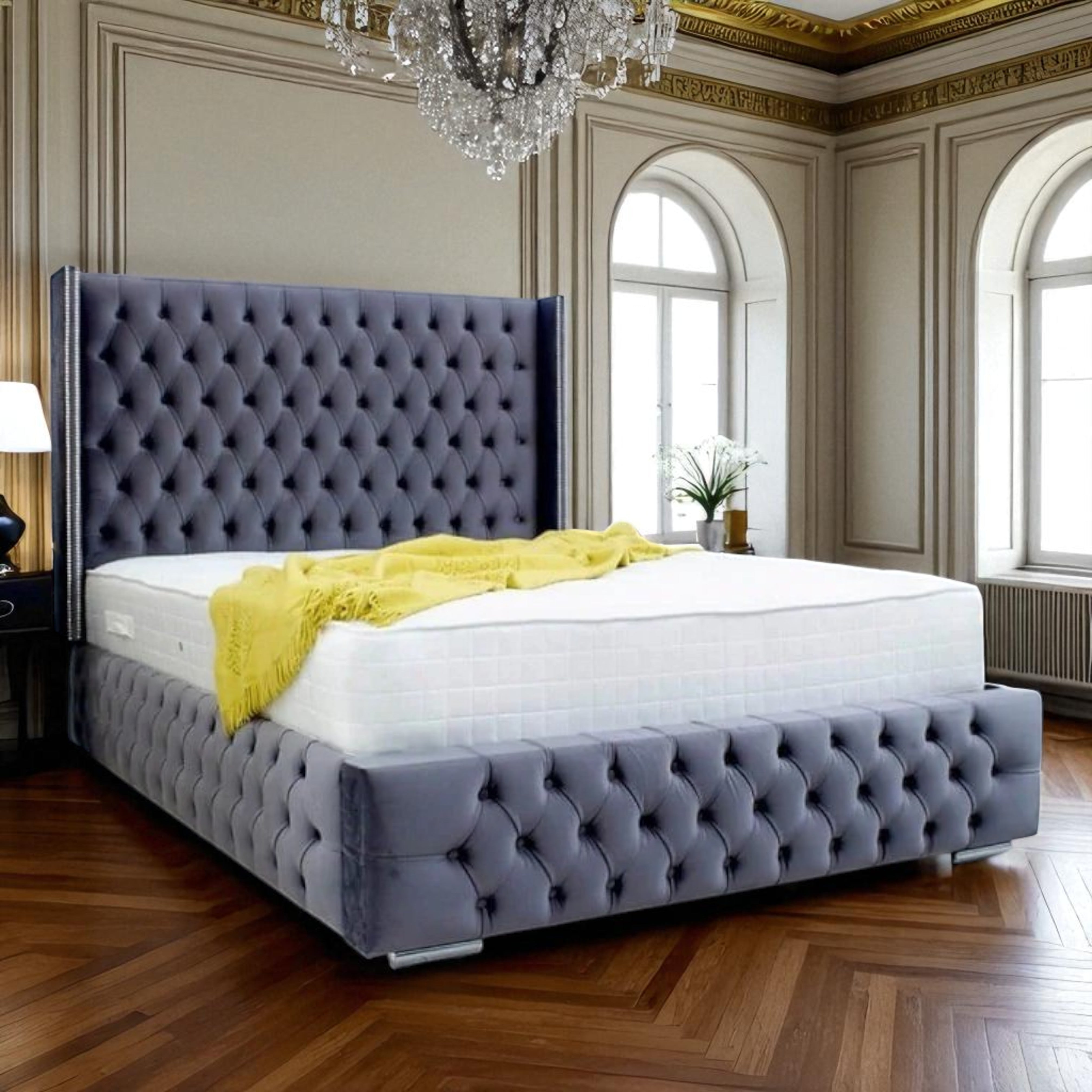Palais Royale Wingback Diamond-Tufted Velvet Bed Frame