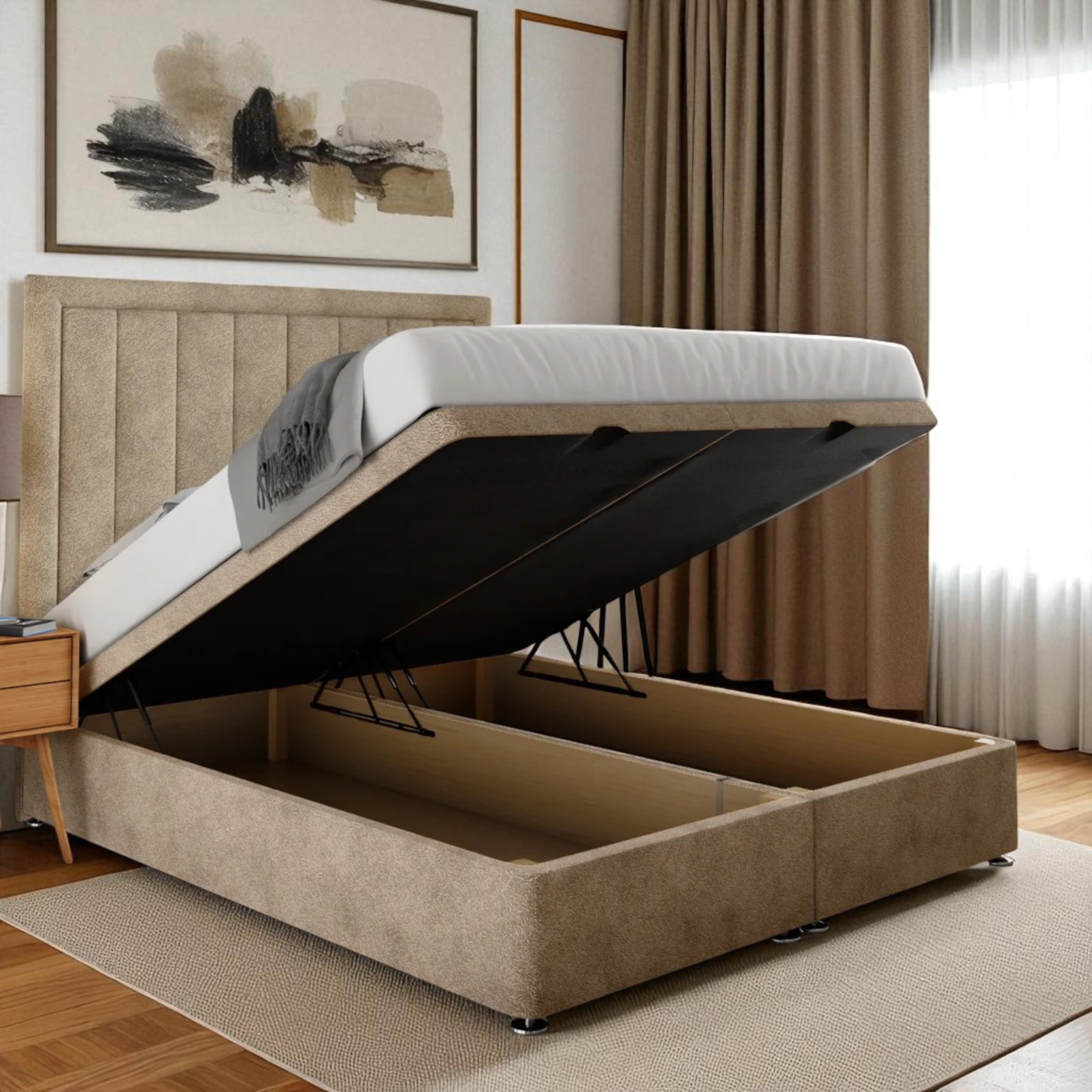 Minimalist Beige Lift‑Up Storage Ottoman Bed