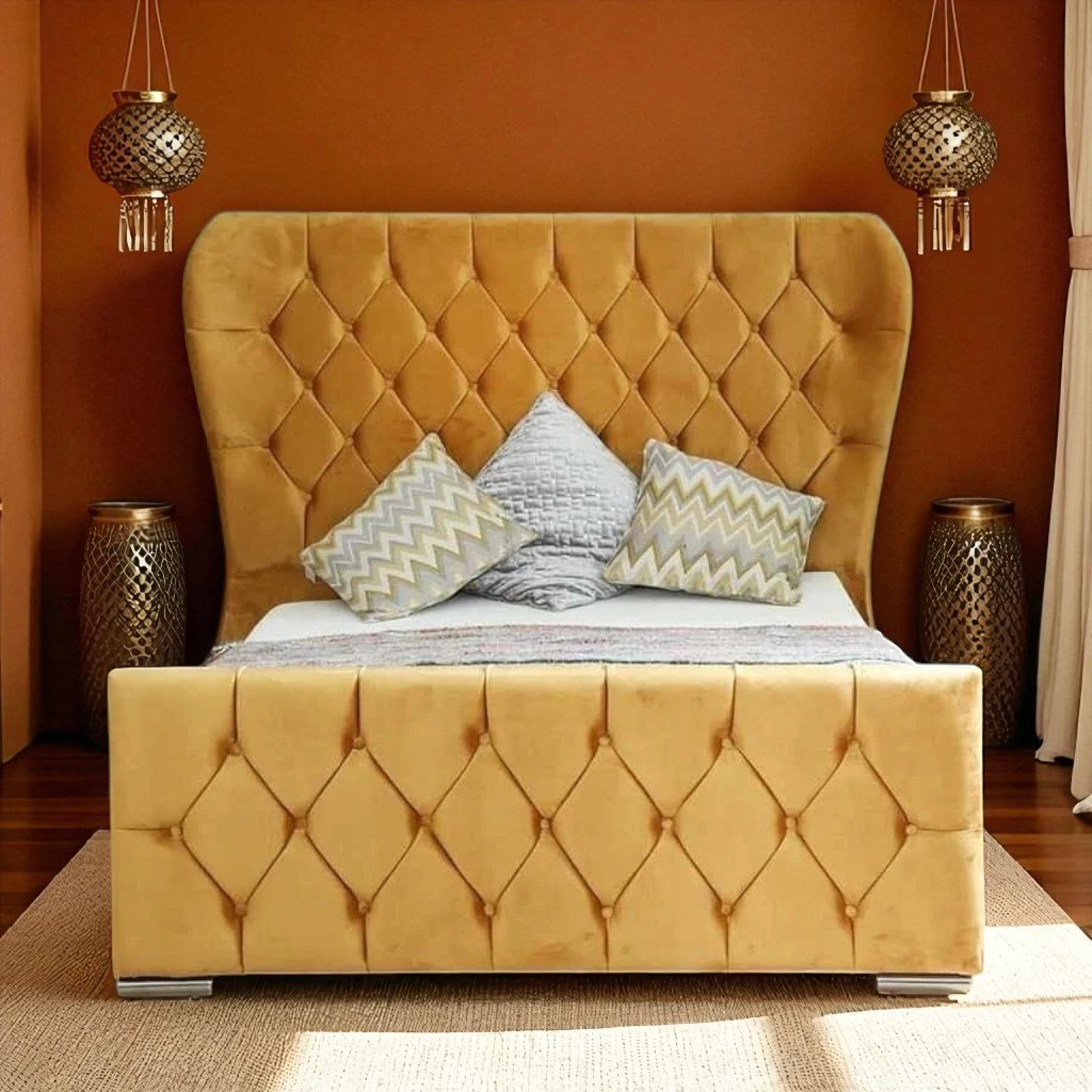 Mustard Velvet Wingback Diamond Tufted Bed Frame