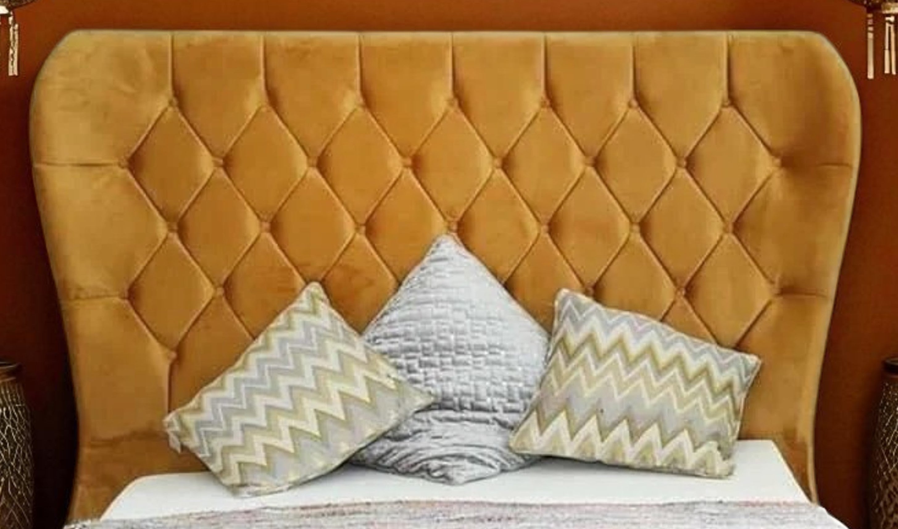 Mustard Velvet Wingback Diamond Tufted Bed Frame