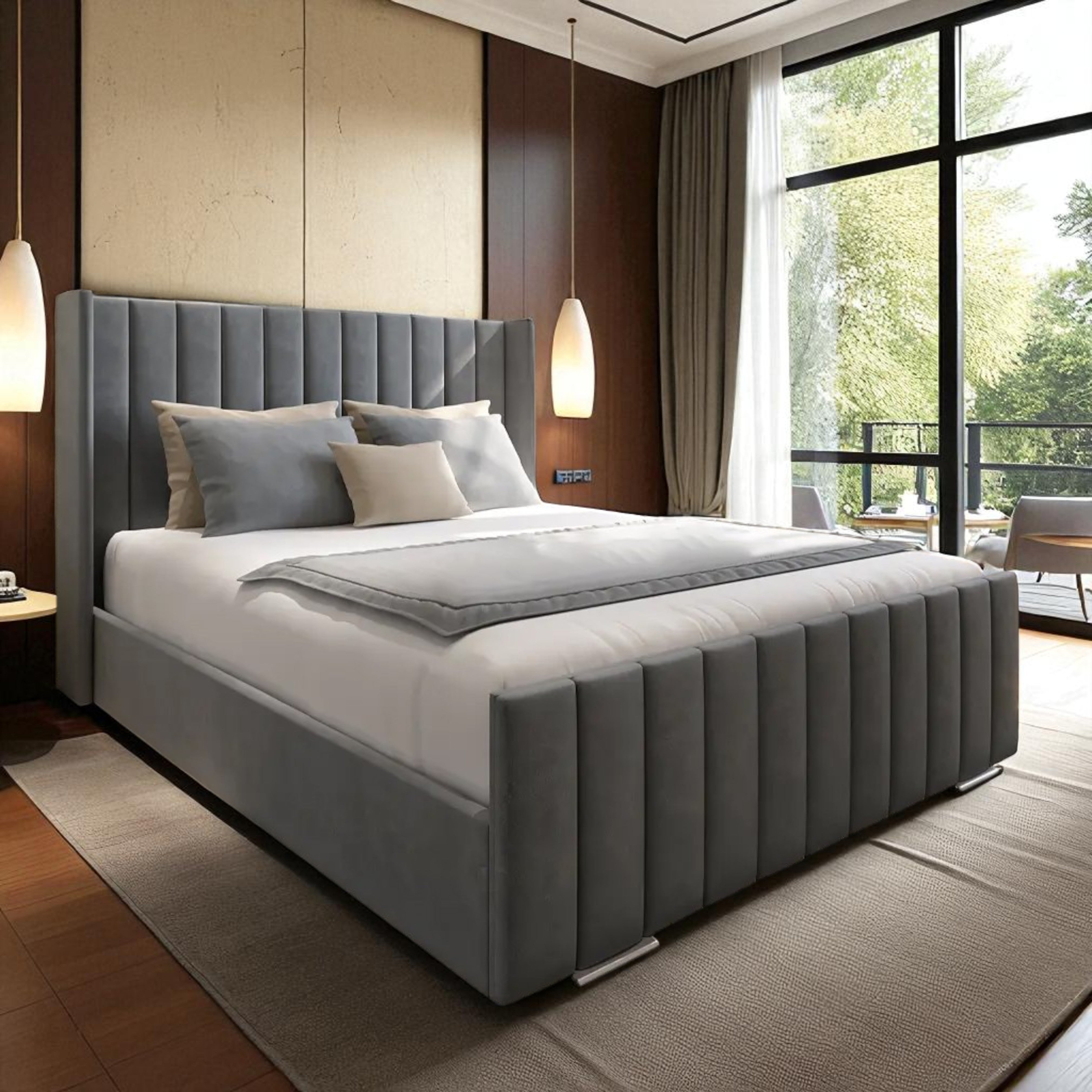 Luxe Slate Gray Velvet Channel‑Tufted Upholstered Bed Frame with Tall Headboard