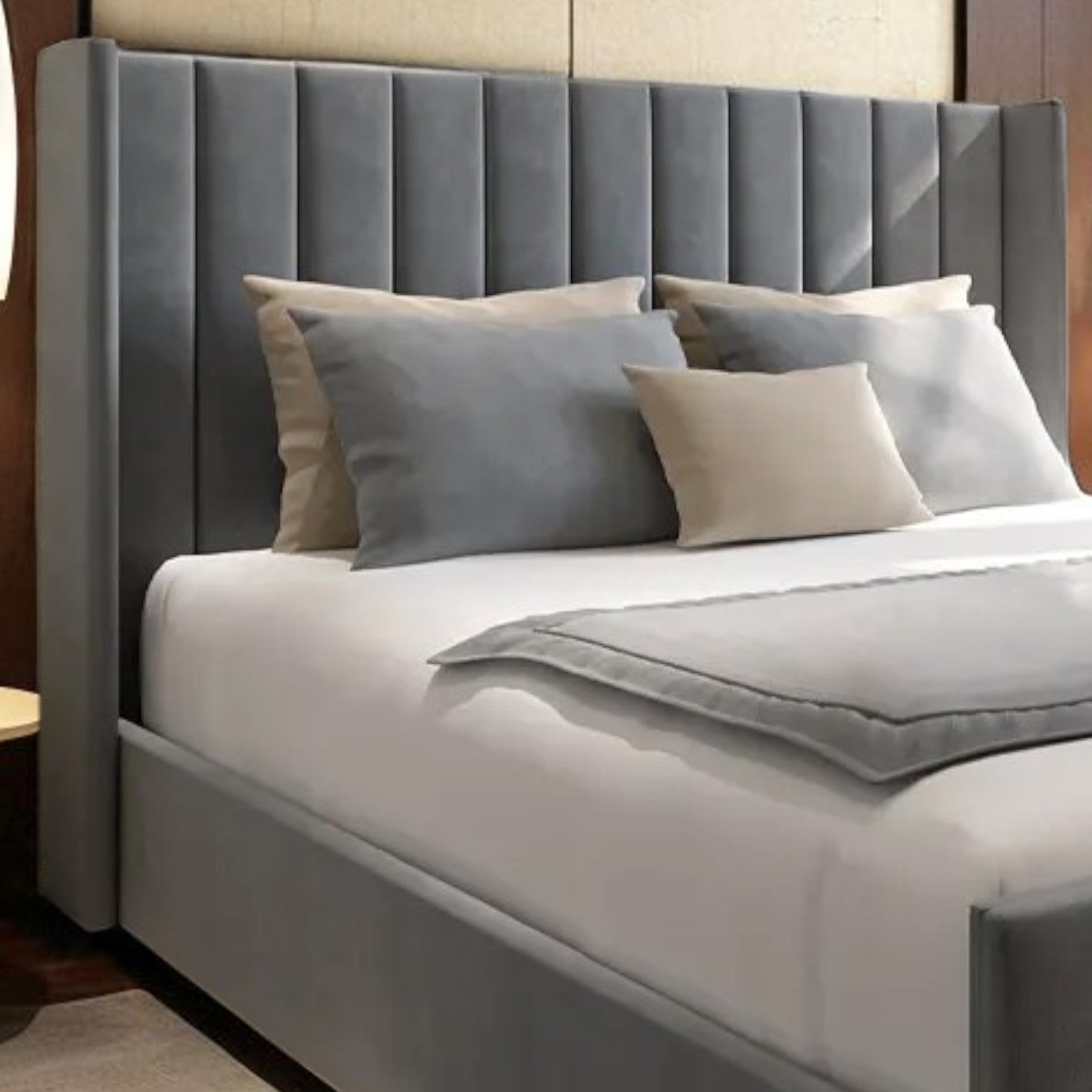 Luxe Slate Gray Velvet Channel‑Tufted Upholstered Bed Frame with Tall Headboard