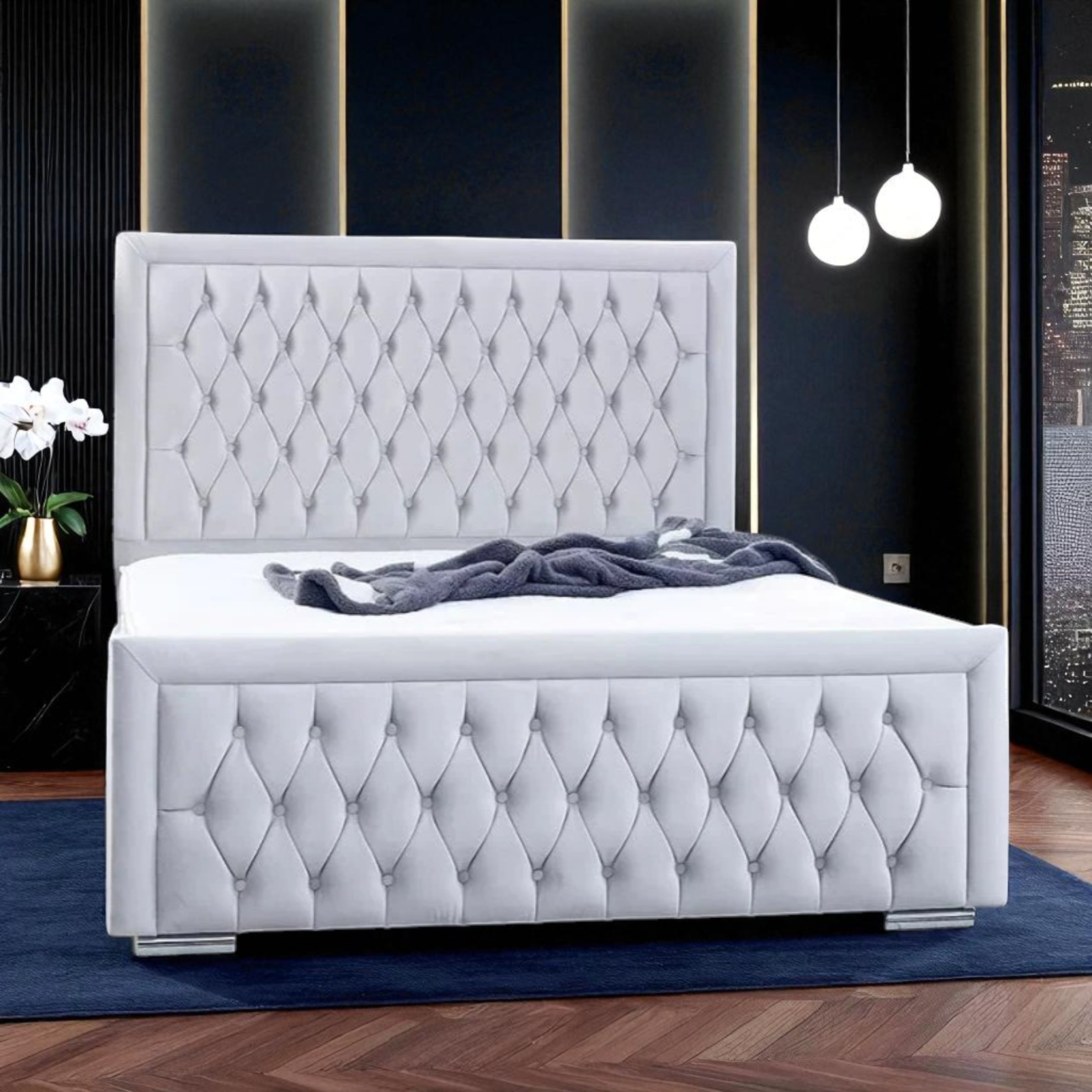 Avalon Ice-Gray Velvet Diamond-Tufted Platform Bed Frame