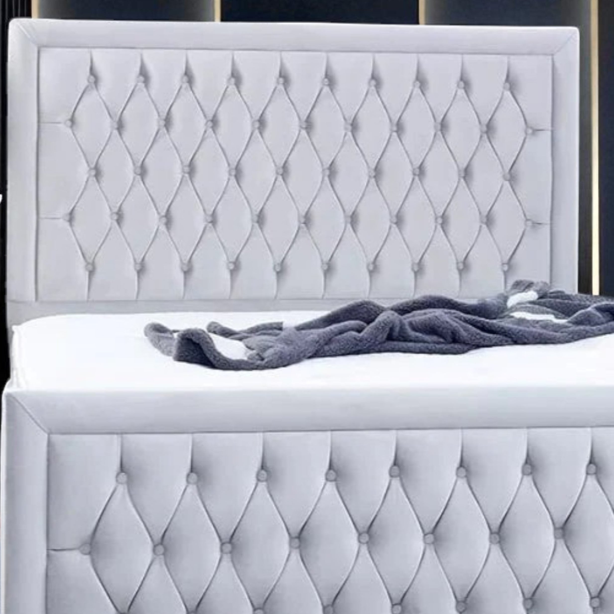 Avalon Ice-Gray Velvet Diamond-Tufted Platform Bed Frame