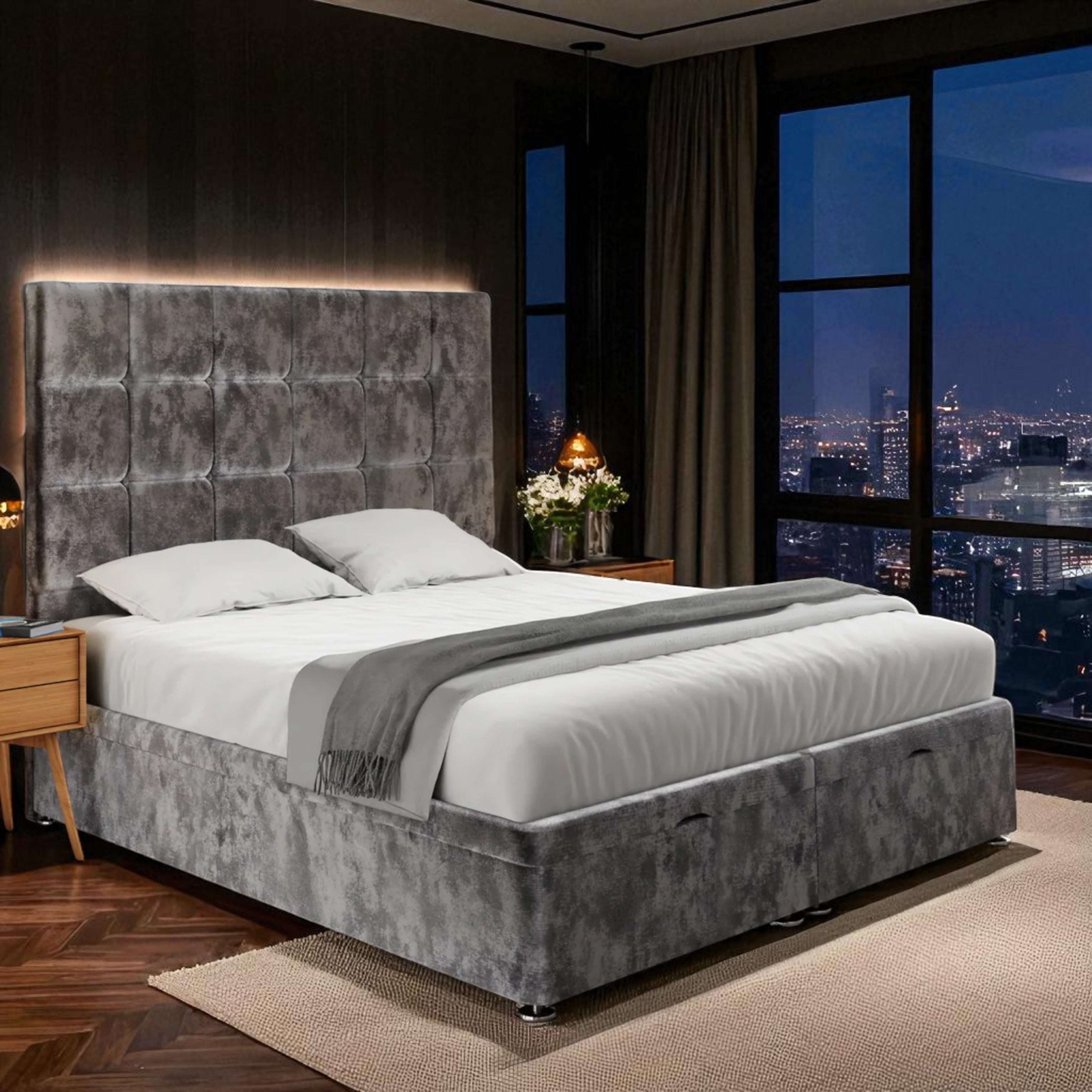 Modern Ottoman Storage Bed in Grey Velvet