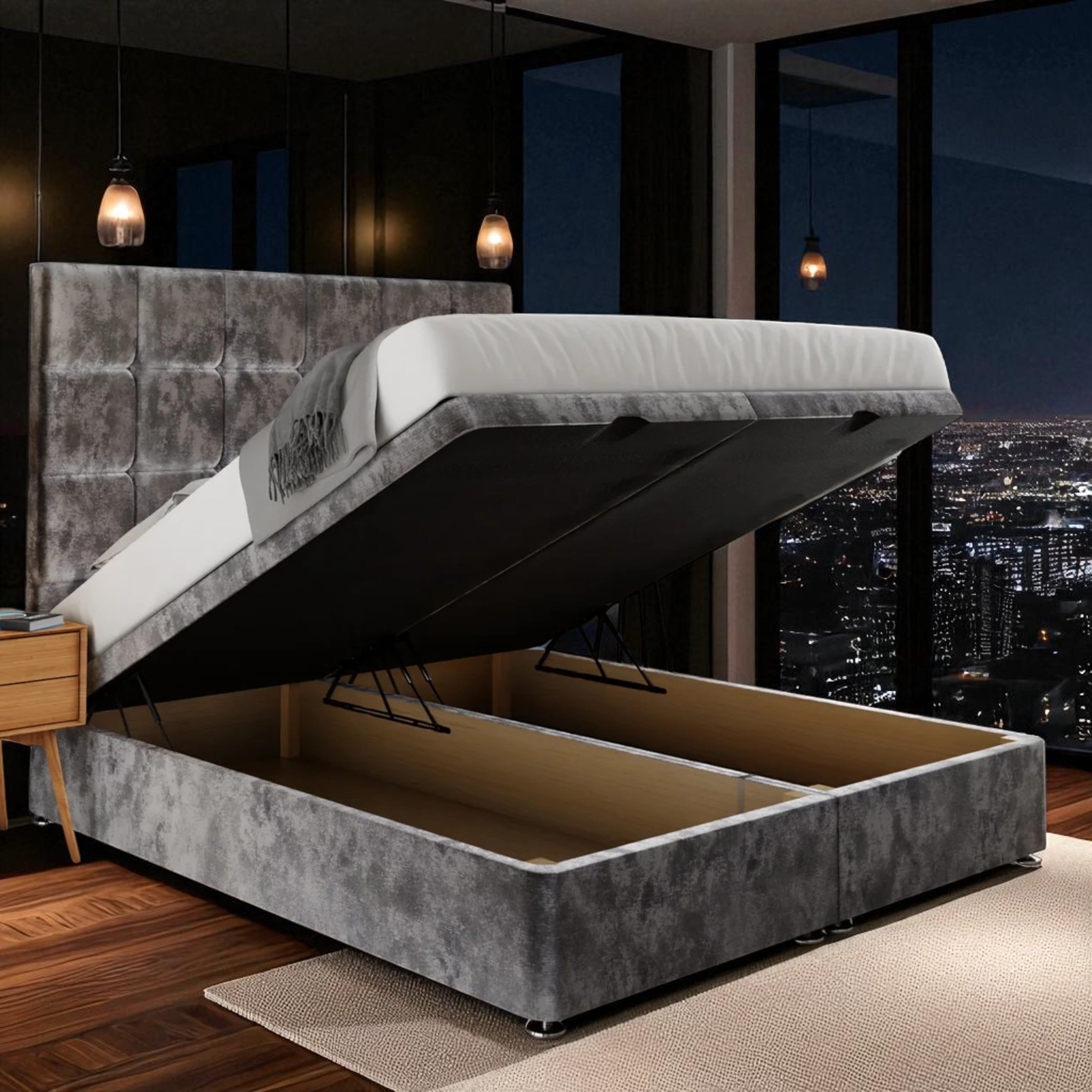 Modern Ottoman Storage Bed in Grey Velvet